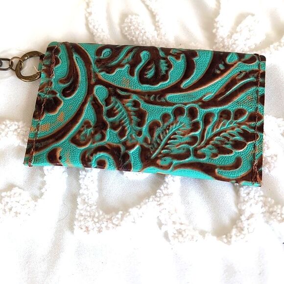 Turquoise and Brown Leather Tooled Artisan Keychain/C Card Money /Mini Wallet - Picture 4 of 10